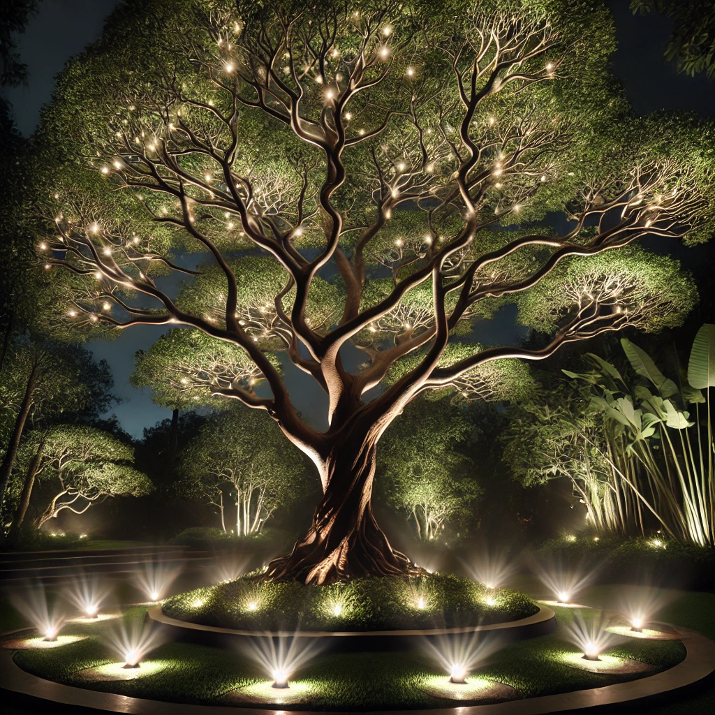 밤에 아름답게 조명된 나무가 잘 조명으로 강조된 그림입니다.