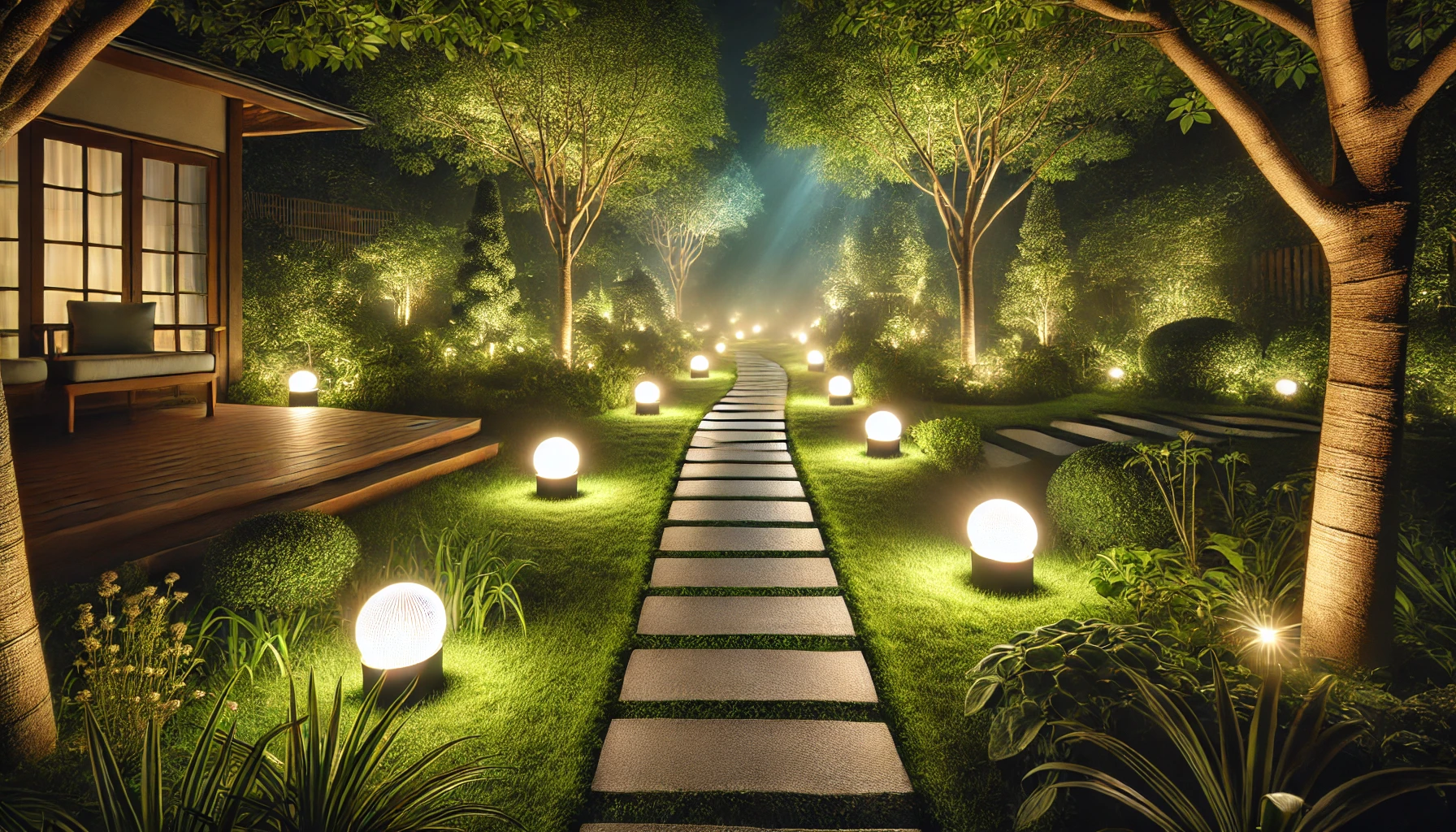 밤에는 가로등으로 조명된 정원의 통로
