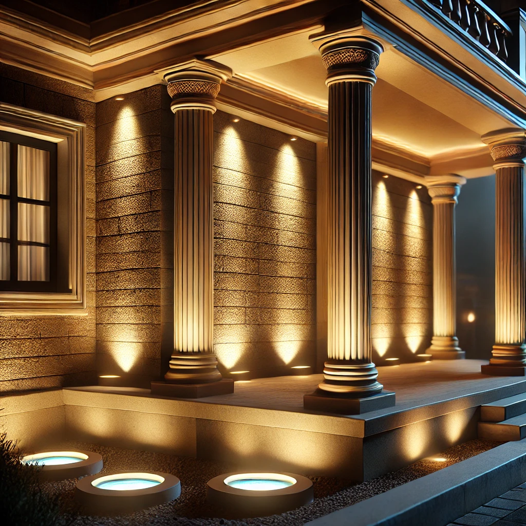 밤에 집의 건축적 특징을 강조하는 우물 조명의 그림입니다.