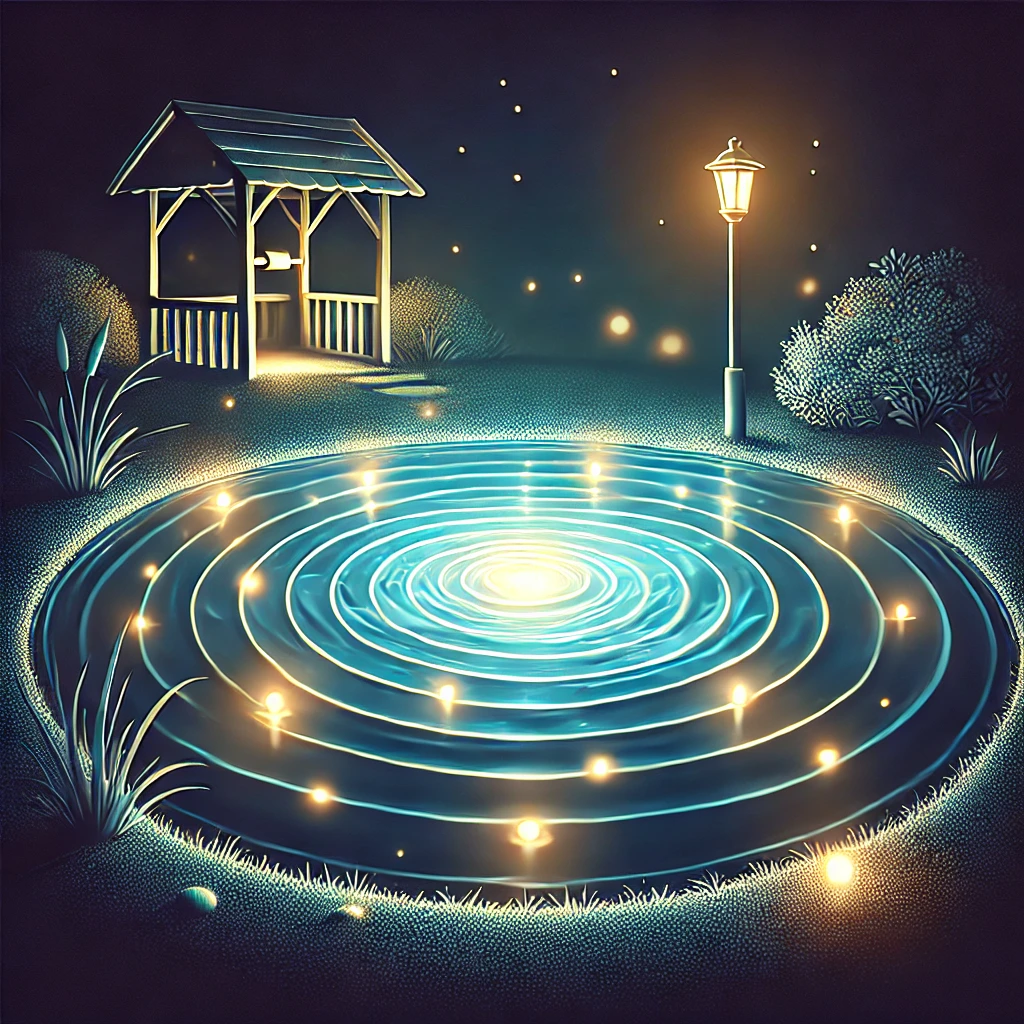 밤에 연못이나 분수와 같은 물 기능에 사용되는 우물 조명